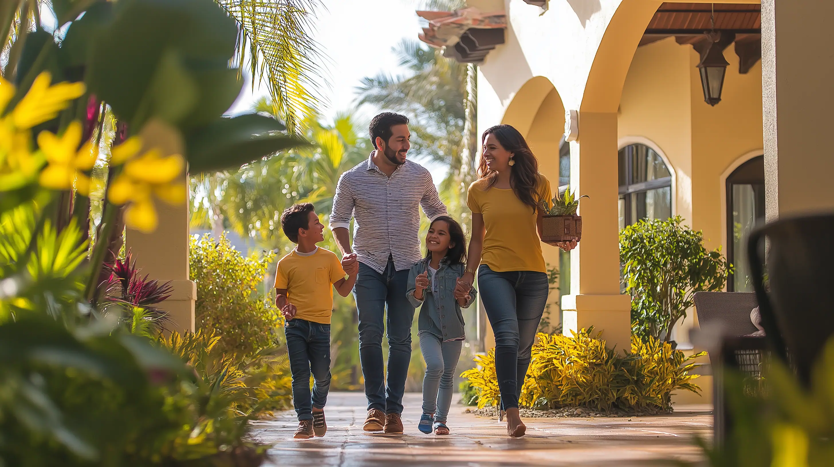 Una familia hispana caminando junta frente a su soleada casa de estilo español en Miami.