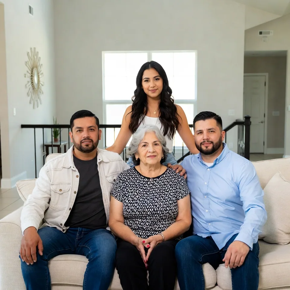 La abogada Rosenny Burgos con su familia en su hogar